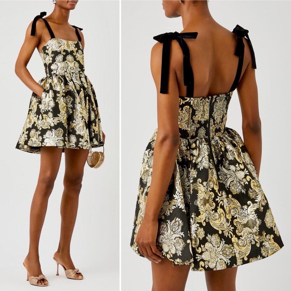 Alice + Olivia Fay Jacquard Corset Metallic Mini Dress Black Gold Silver 4 Small - Picture 2 of 14